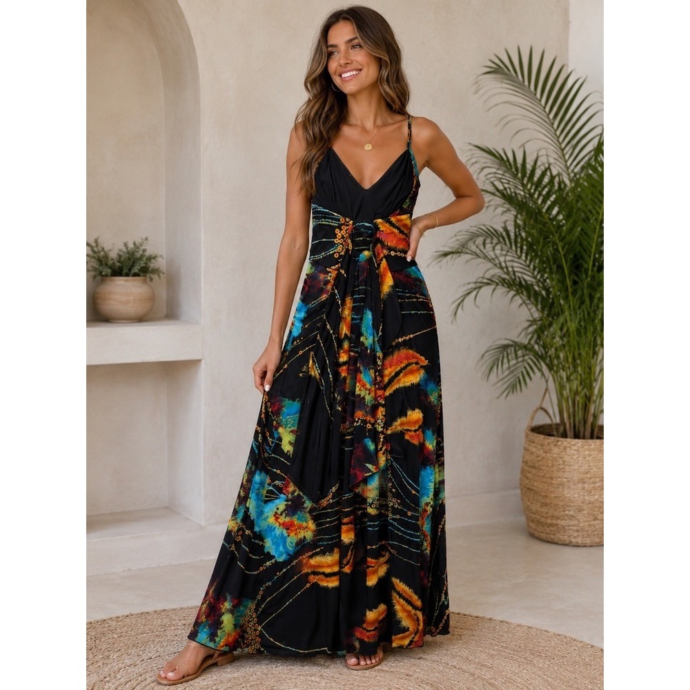 Mariano Womens XS Tropical Print Maxi Dress Ruffle Overlay Spaghetti Strap Beach